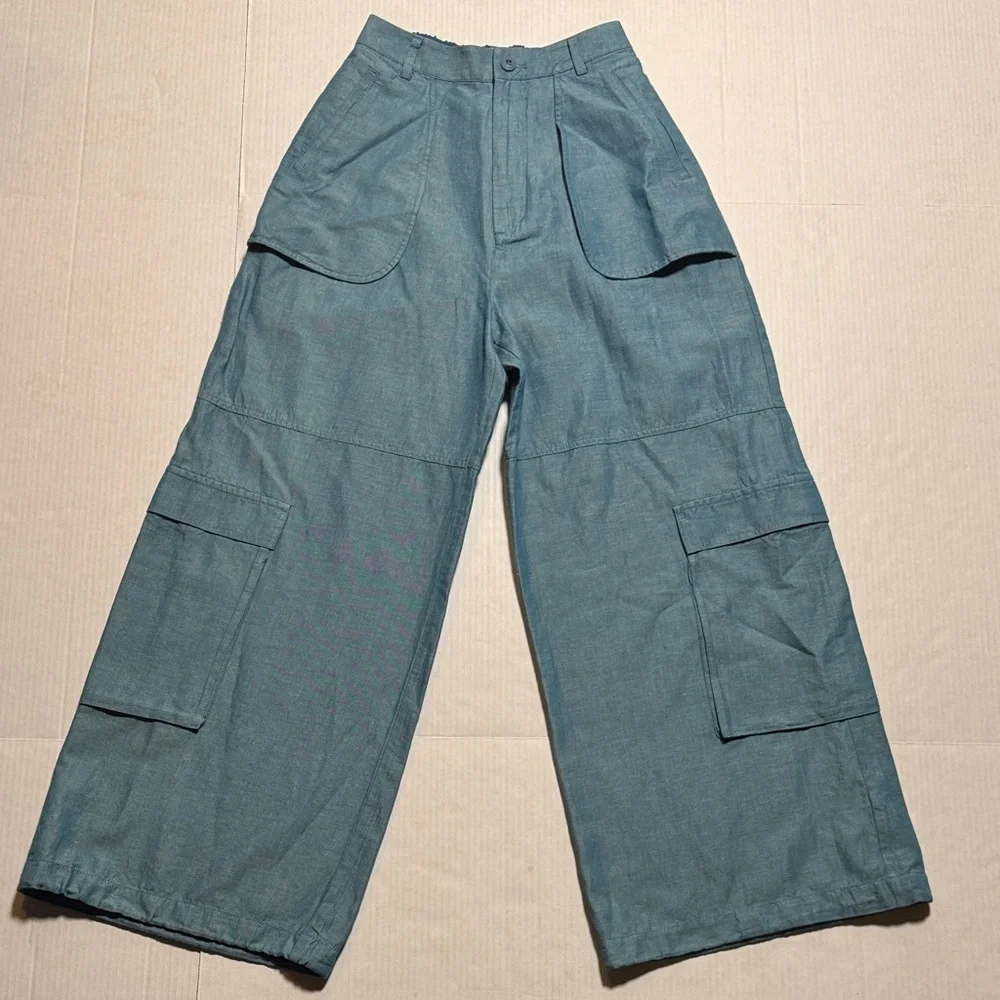 MOUSSY Out Pocket Bag Blue Cargo Pants Cotton Linen Elastic‎ Waist Stacking SZ 1 - Picture 2 of 16